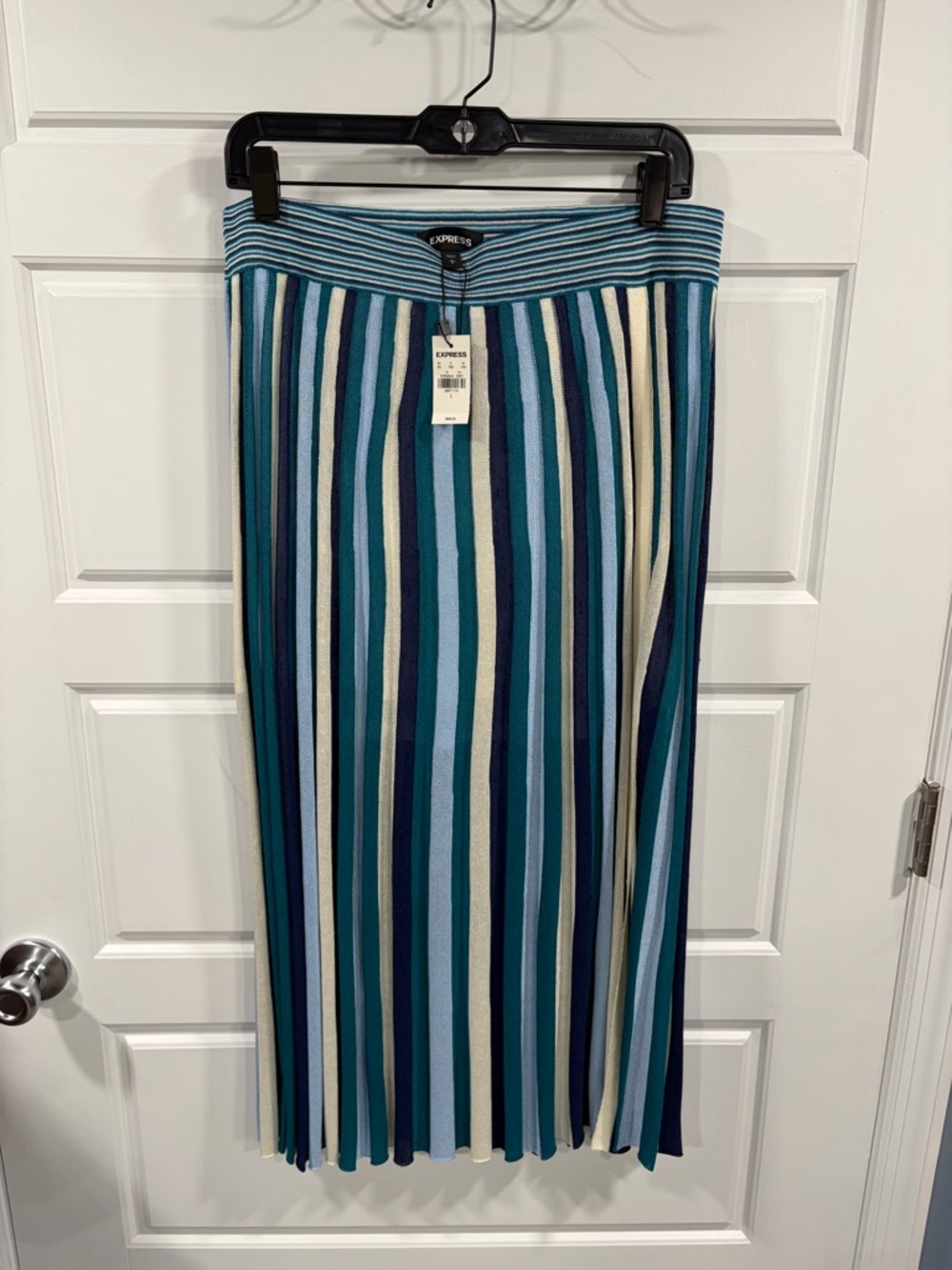 Express Striped Knit Midi Skirt in Teal, Navy, Cream